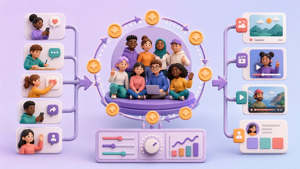 Community members earning credits through public interaction tasks and directing credits to different public social media content types